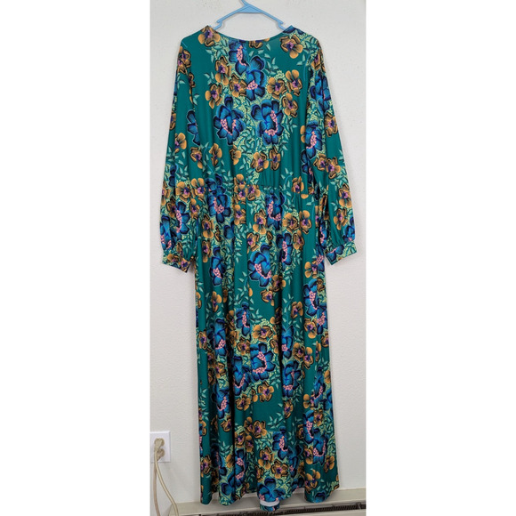 Eloquii sz 20 Faux Wrap Maxi length Dress green floral print slinky ls 1554 - Picture 4 of 6